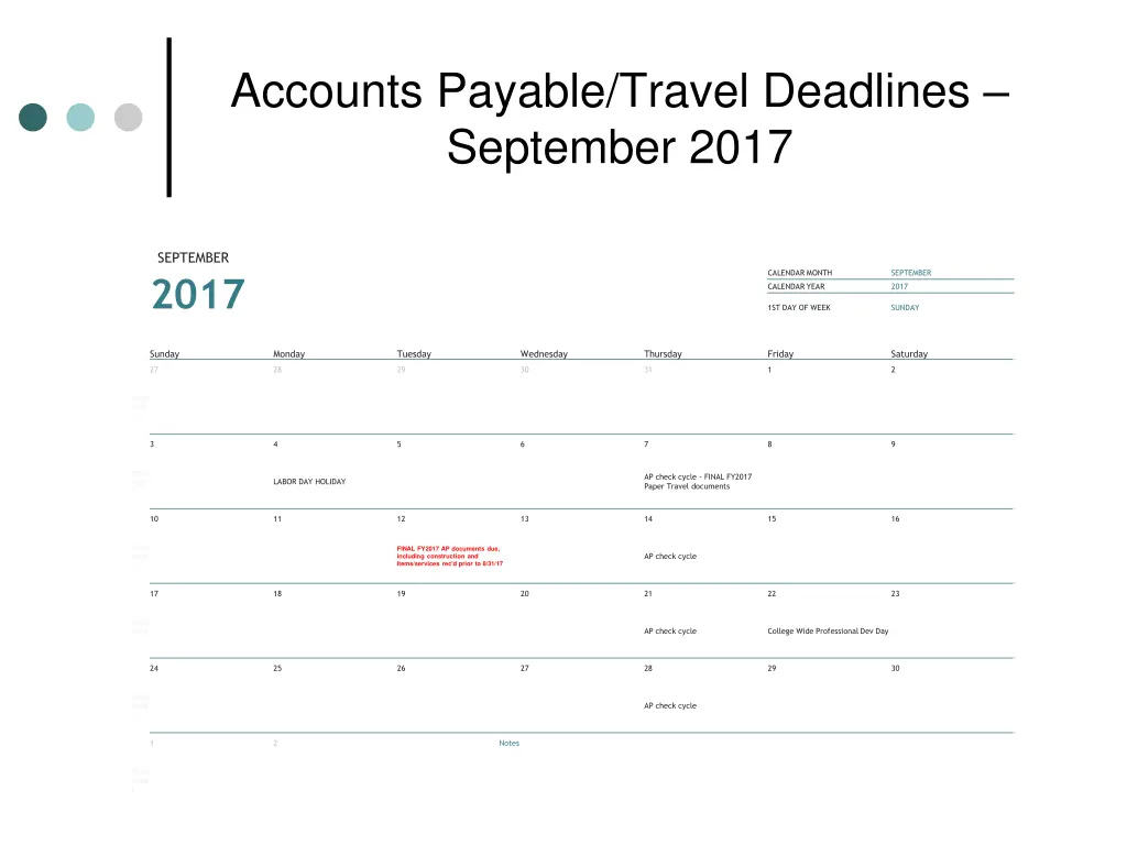 accounts payable travel deadlines september 2017