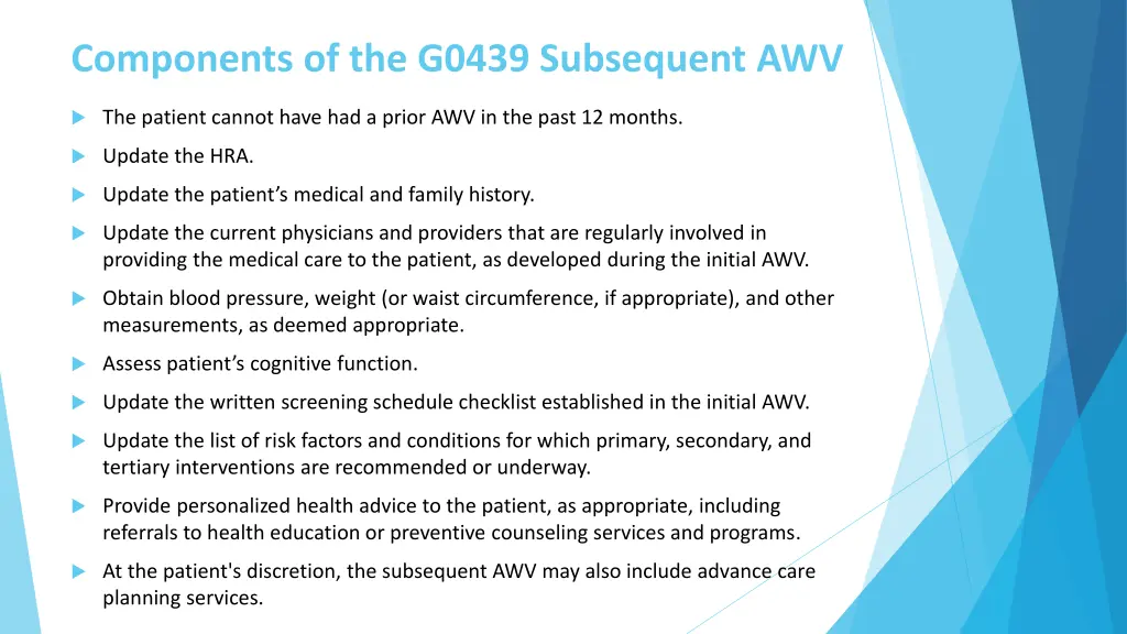 components of the g0439 subsequent awv