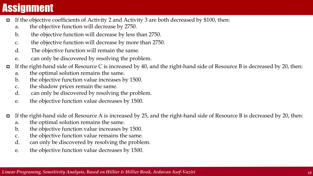 assignment if the objective coefficients
