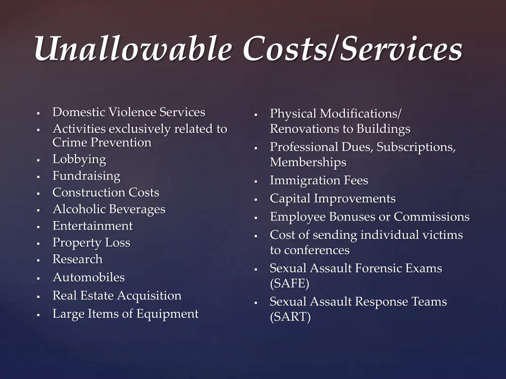 unallowable costs services