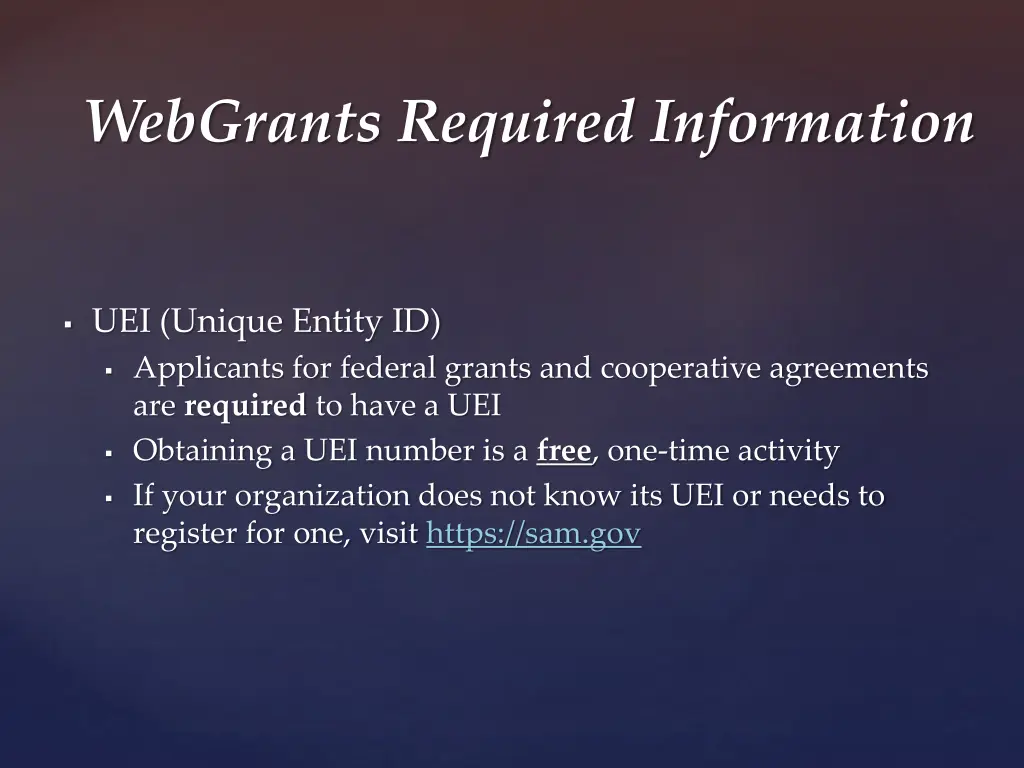 webgrants required information