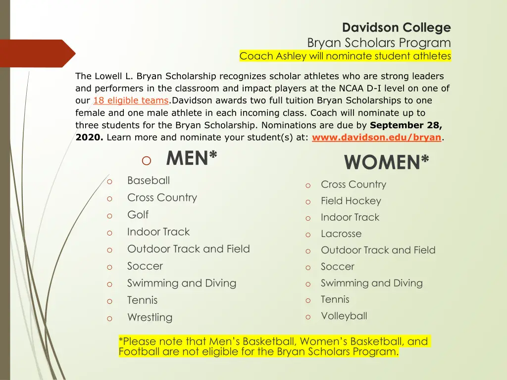 davidson college bryan scholars program coach