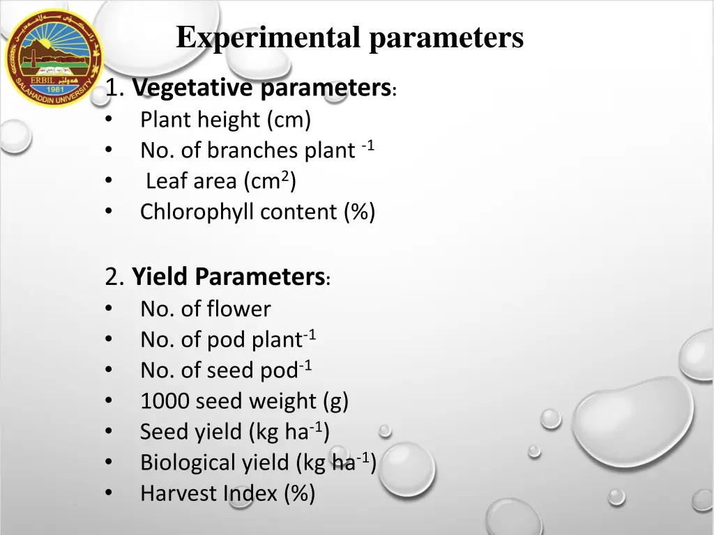 experimental parameters
