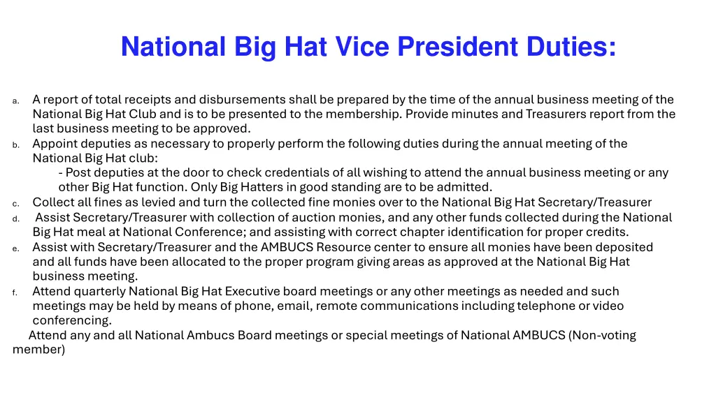 national big hat vice president duties