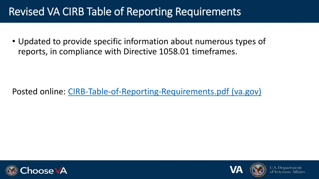 revised va cirb table of reporting requirements