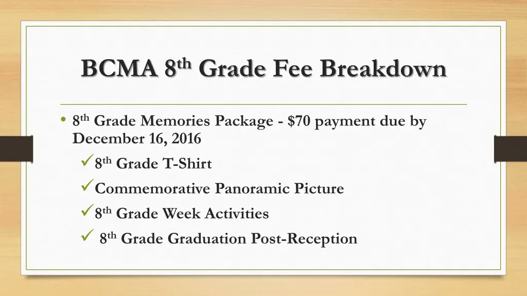 bcma 8 th grade fee breakdown