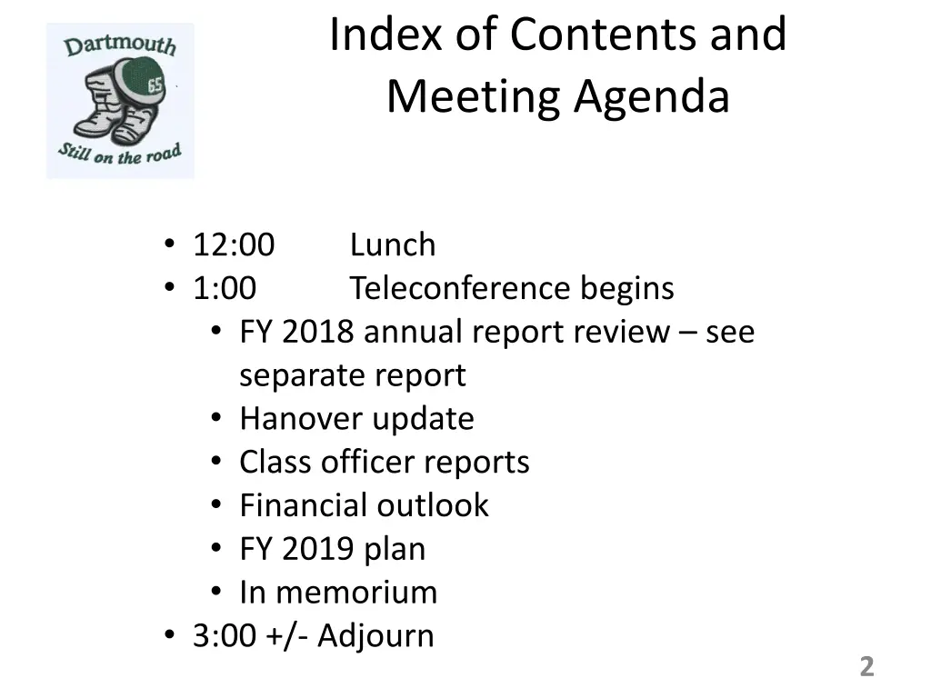 index of contents and meeting agenda
