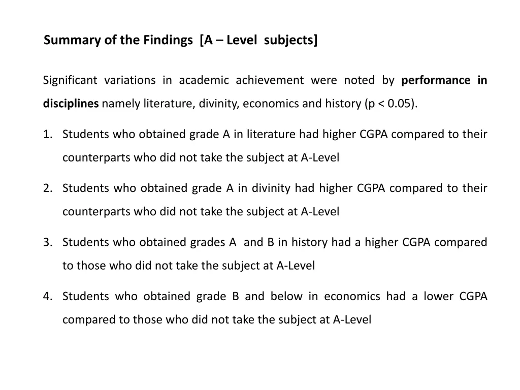 summary of the findings a level subjects