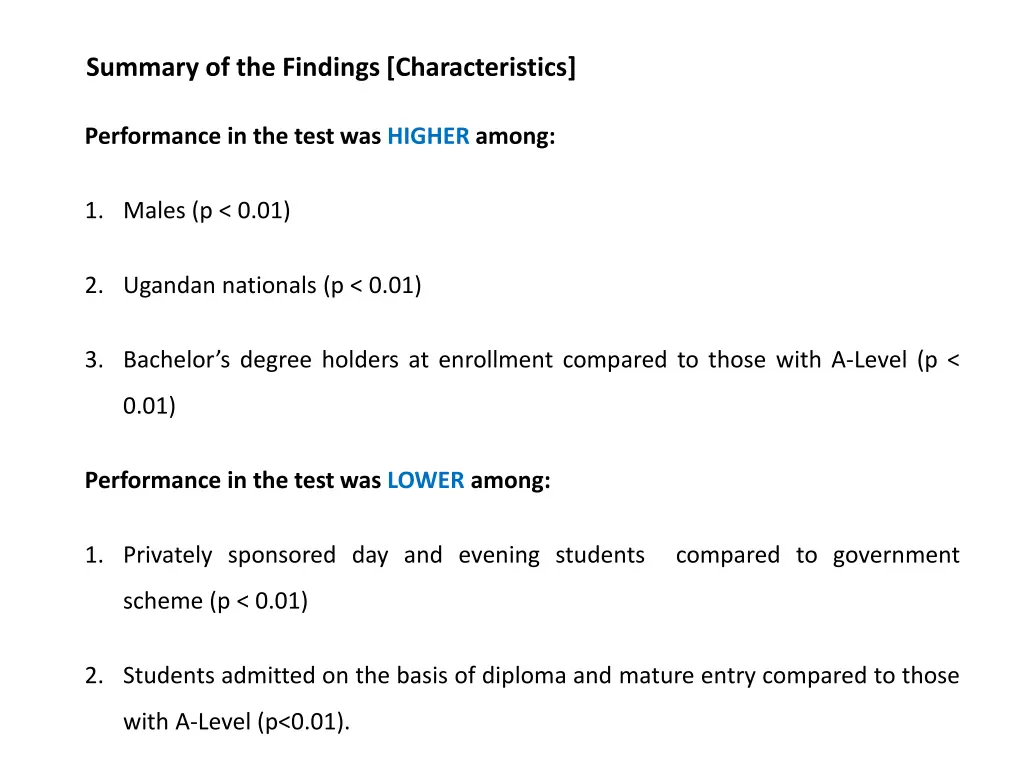 summary of the findings characteristics
