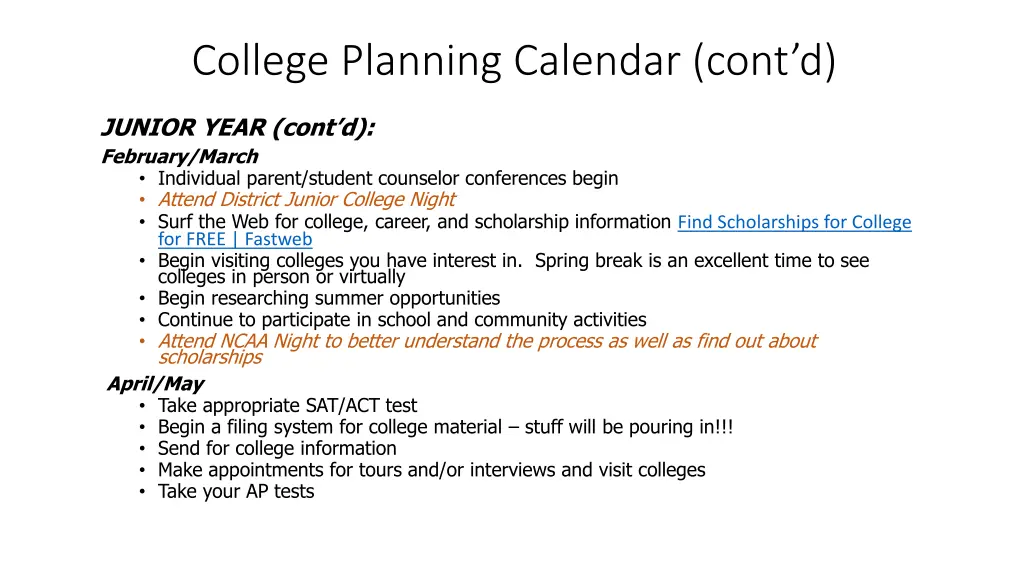 college planning calendar cont d 1