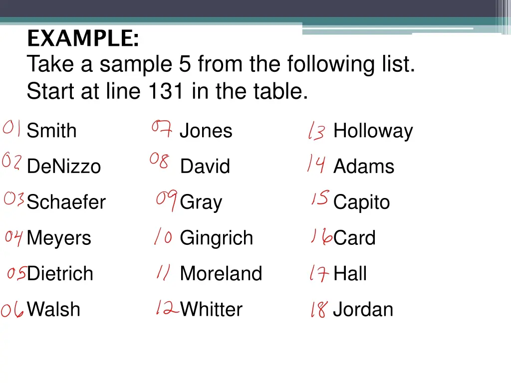 example take a sample 5 from the following list