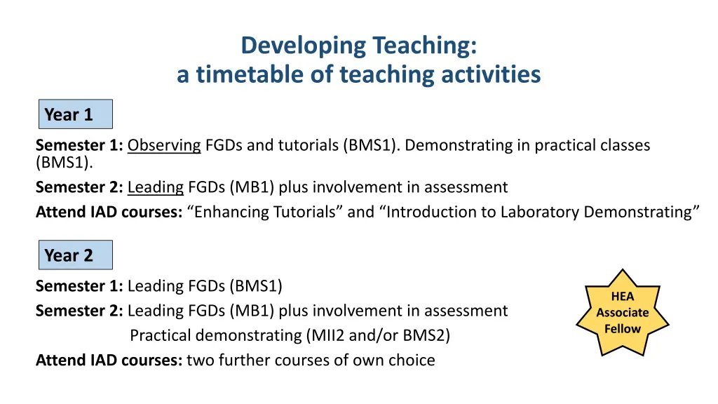developing teaching a timetable of teaching