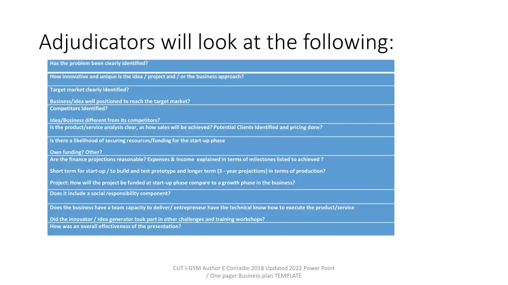 adjudicators will look at the following