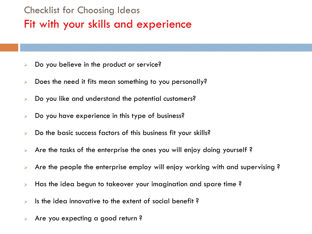 checklist for choosing ideas fit with your skills