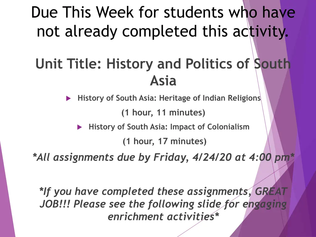 due this week for students who have not already