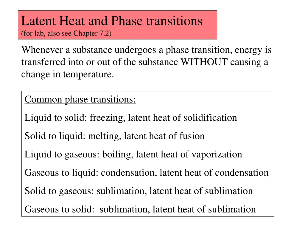 latent heat and phase transitions for lab also