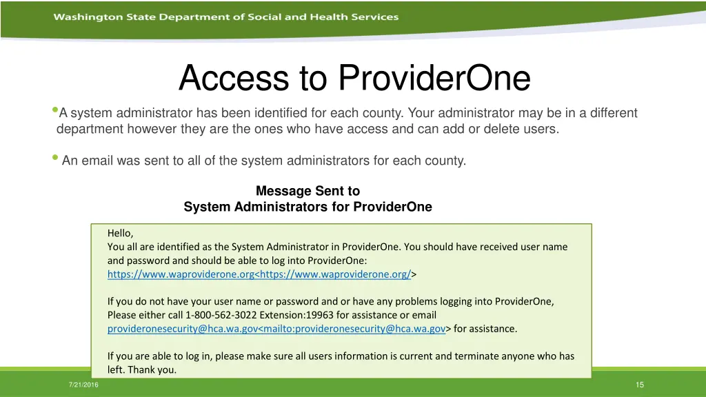 access to providerone a system administrator