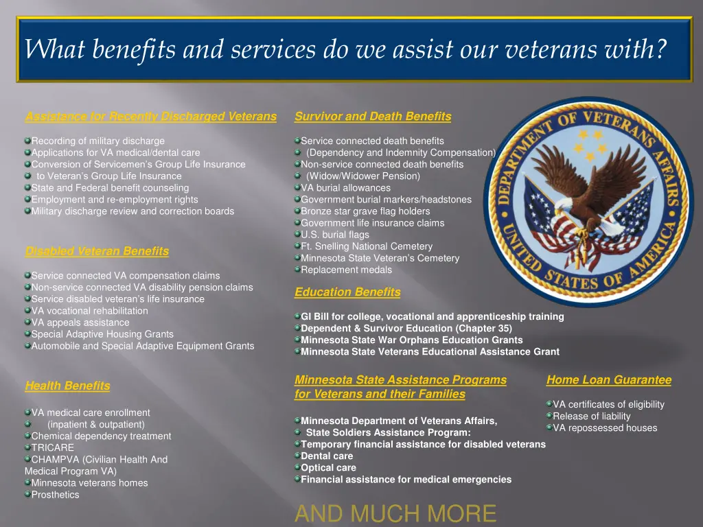 what benefits and services do we assist
