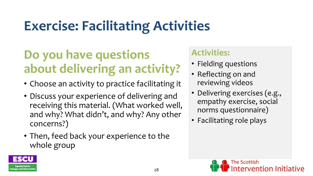 exercise facilitating activities