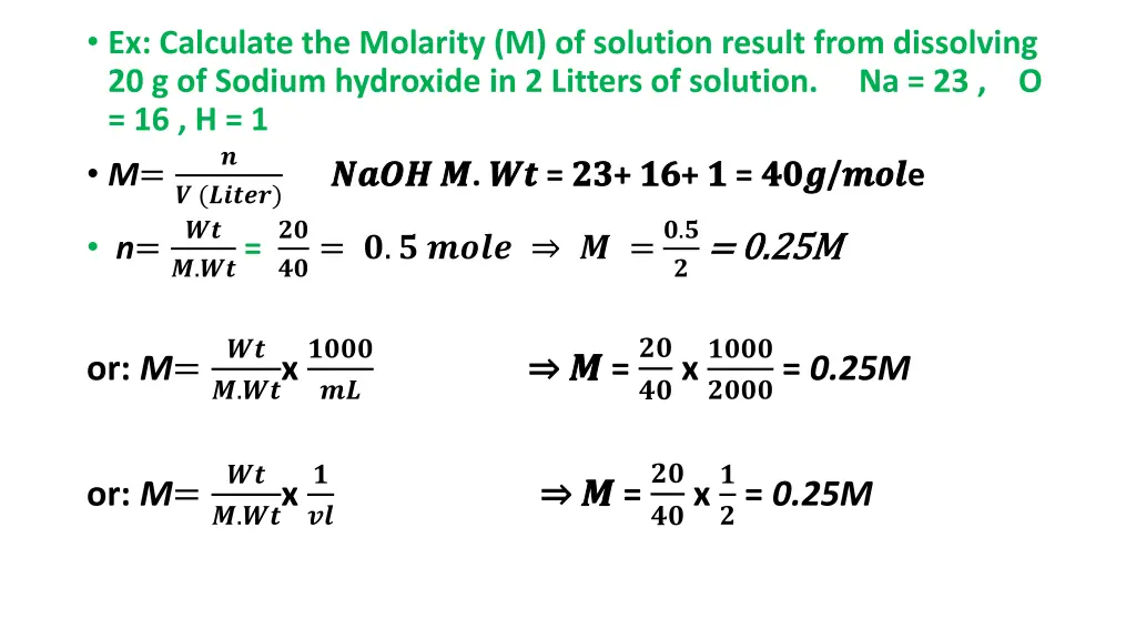 ex calculate the molarity m of solution result