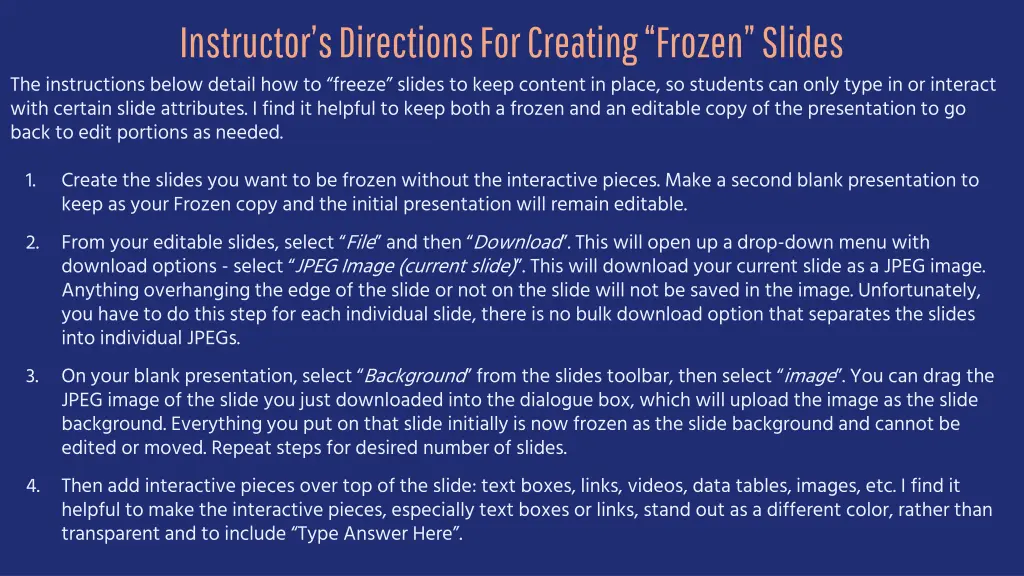 instructor s directions for creating frozen