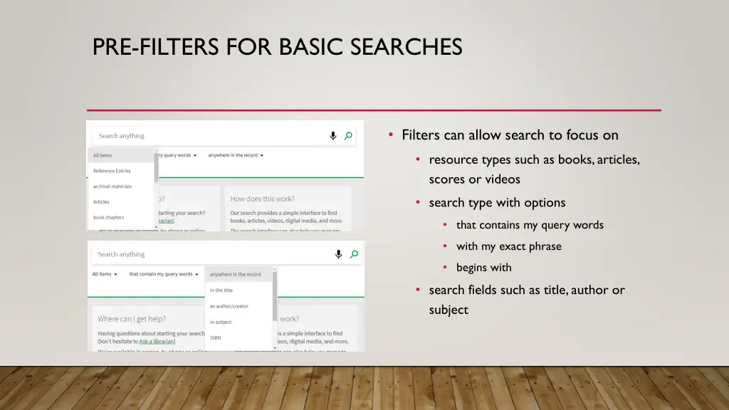pre filters for basic searches
