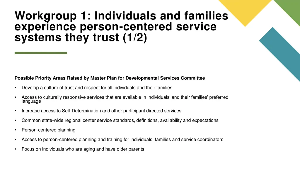 workgroup 1 individuals and families experience