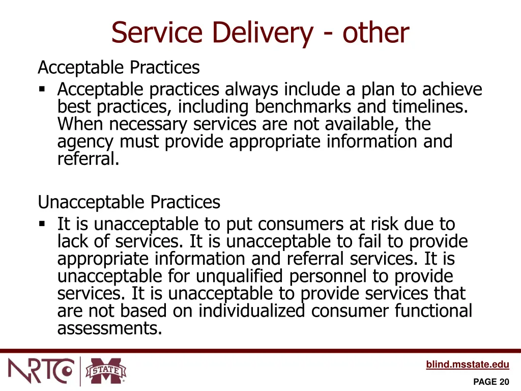 service delivery other acceptable practices