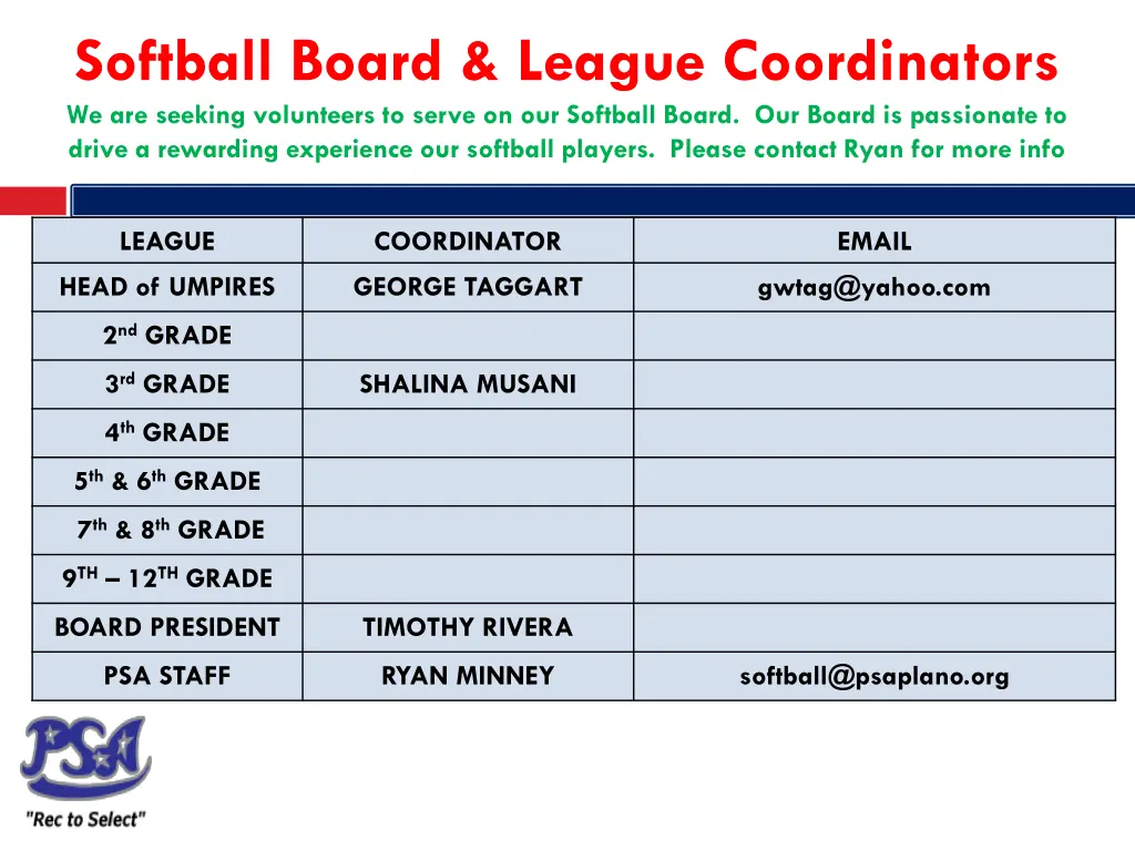 softball board league coordinators we are seeking