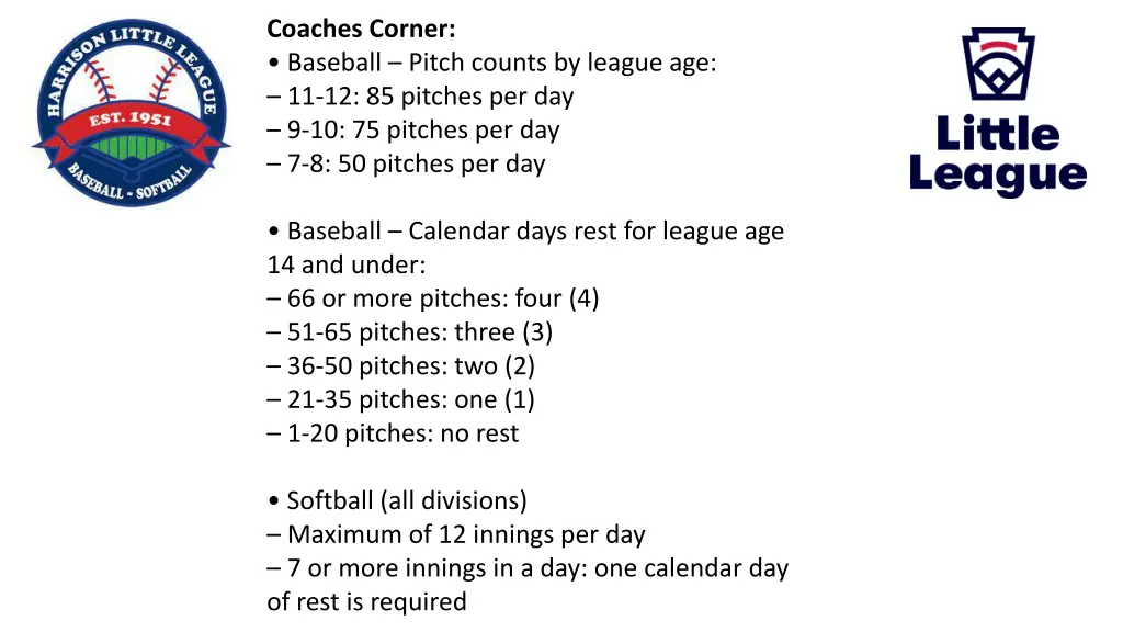 coaches corner baseball pitch counts by league