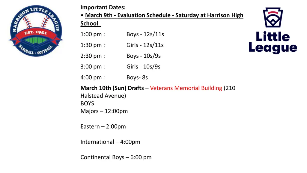 important dates march 9th evaluation schedule
