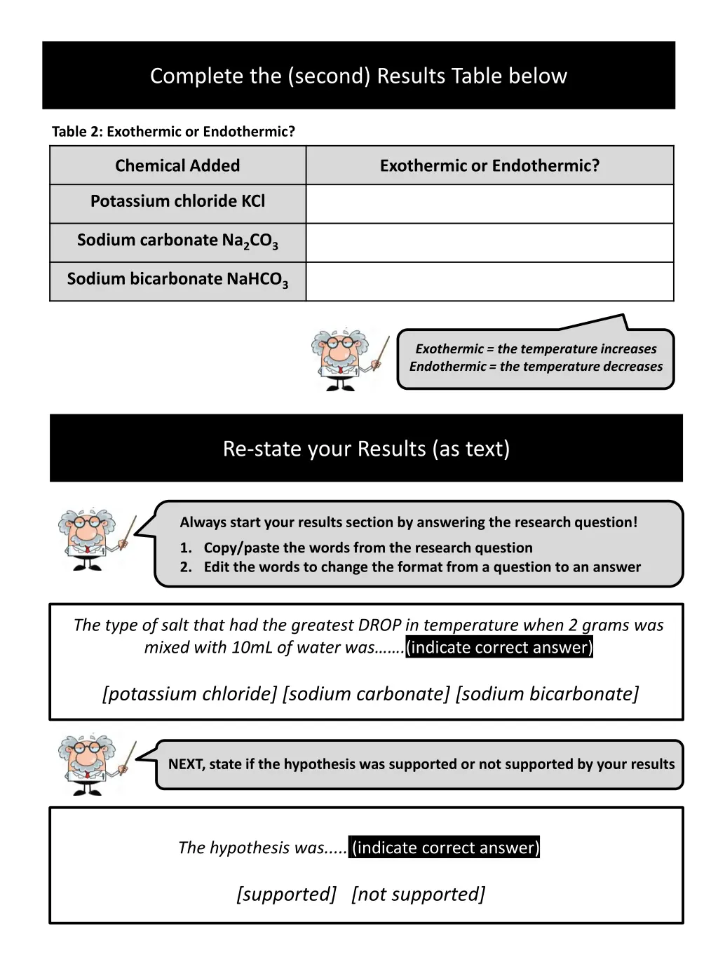 complete the second results table below