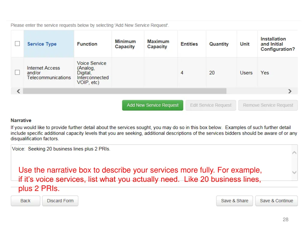 use the narrative box to describe your services 1