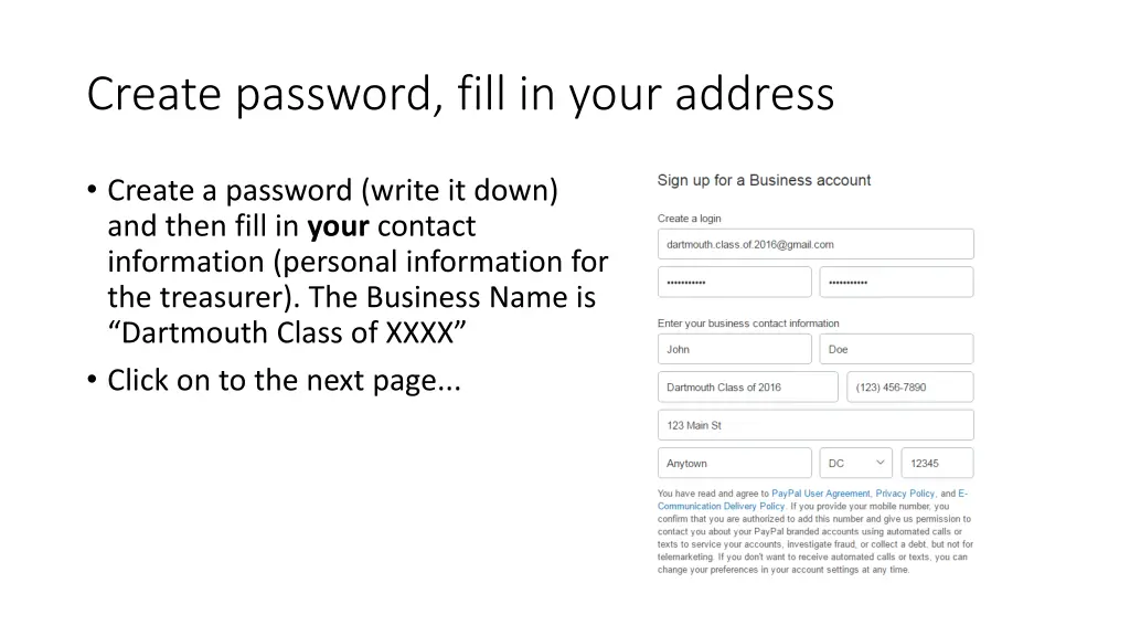 create password fill in your address