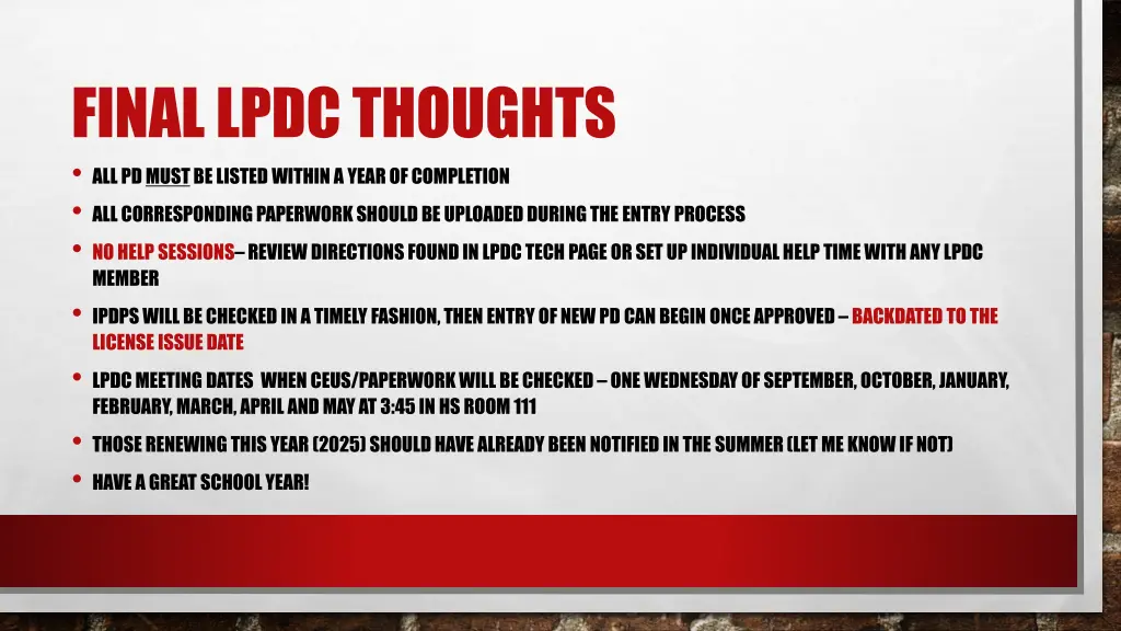 final lpdc thoughts all pd must be listed within