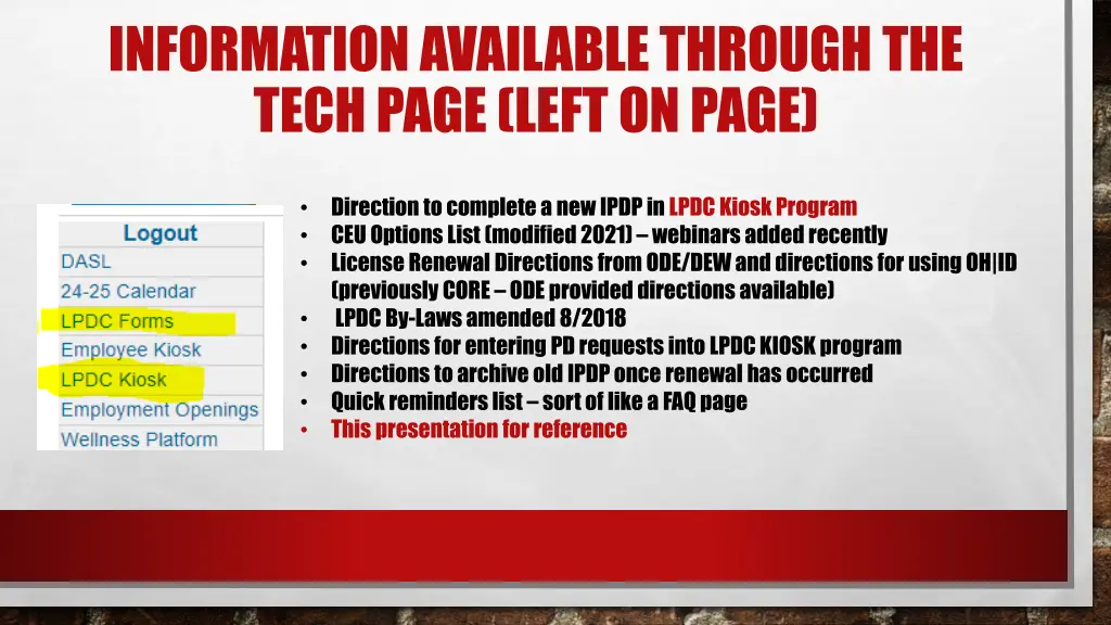 information available through the tech page left
