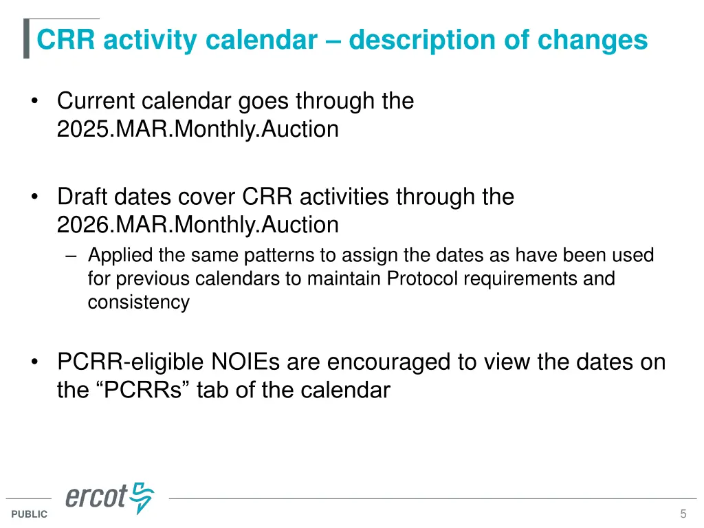 crr activity calendar description of changes