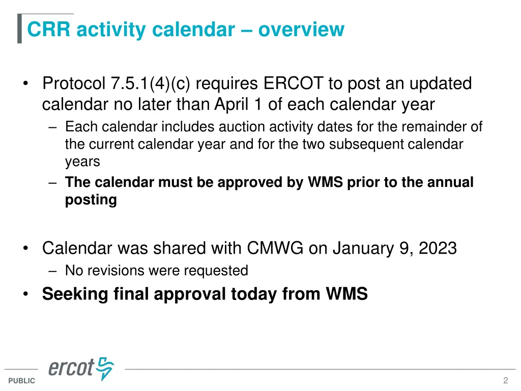 crr activity calendar overview