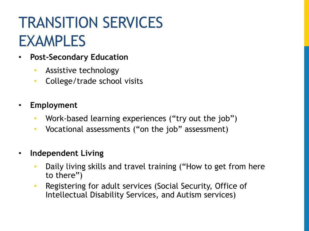 transition services examples post secondary
