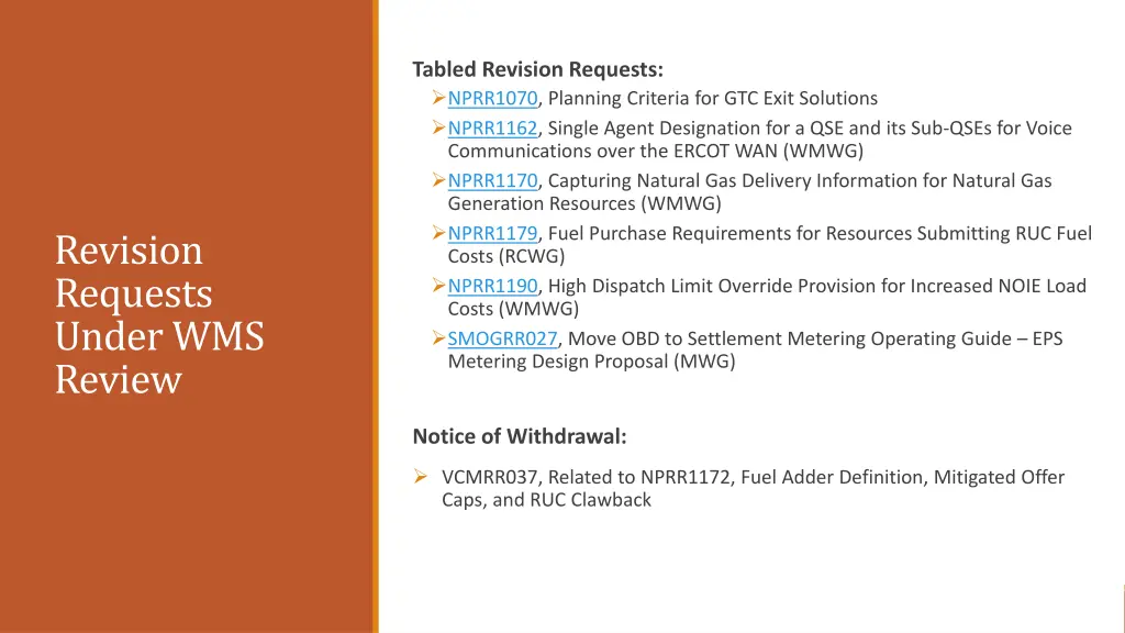 tabled revision requests nprr1070 planning