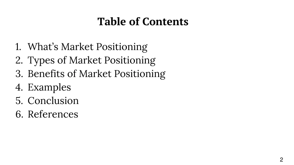 table of contents