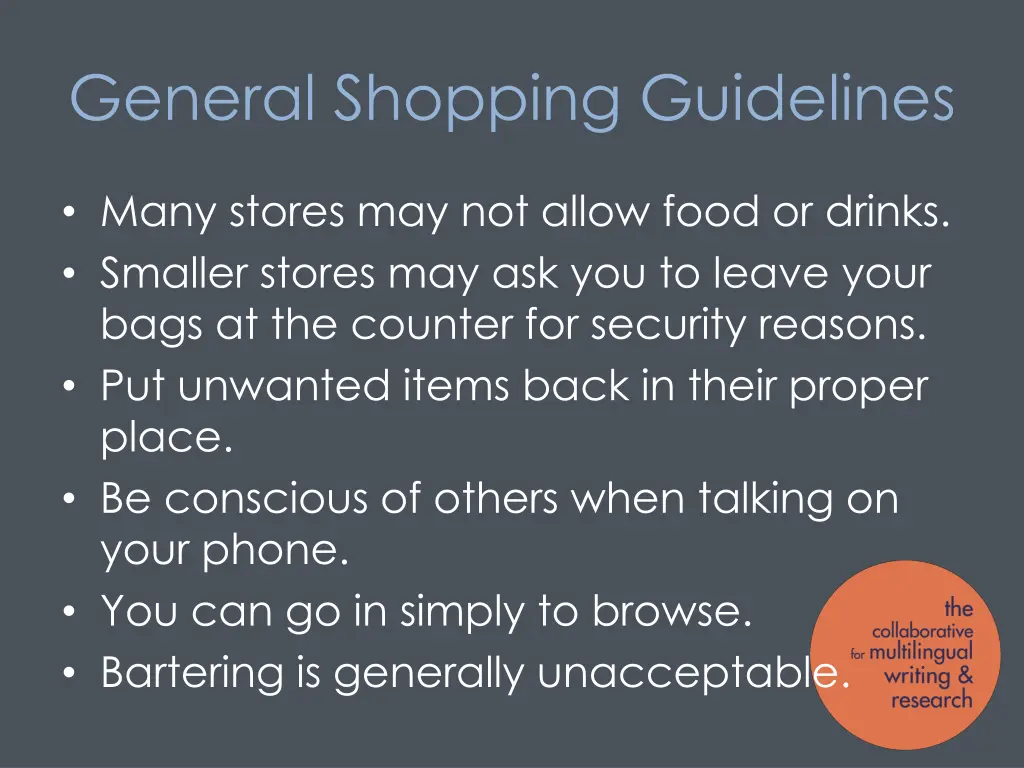 general shopping guidelines