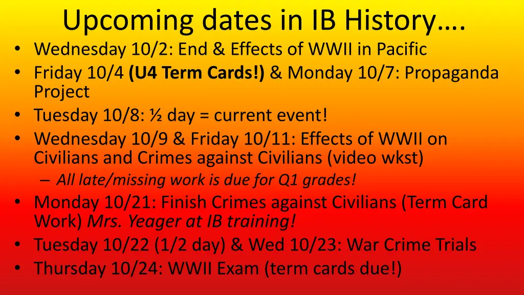 upcoming dates in ib history wednesday