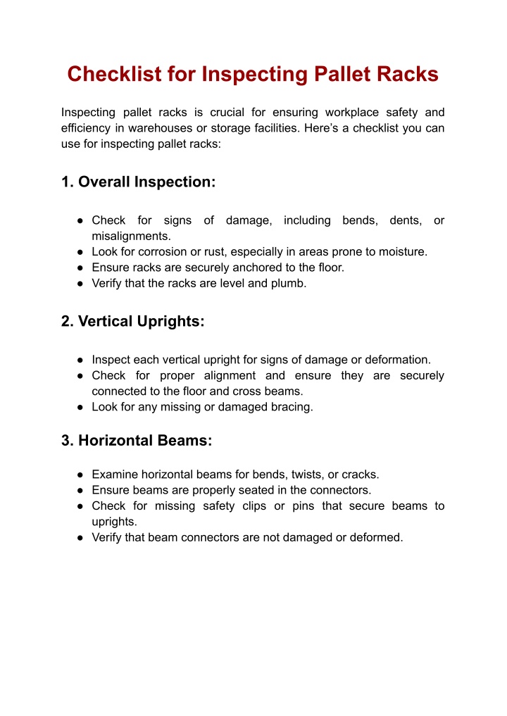 checklist for inspecting pallet racks