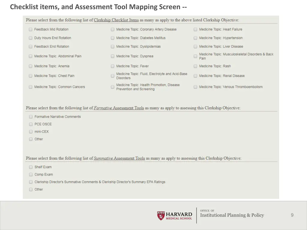 checklist items and assessment tool mapping screen
