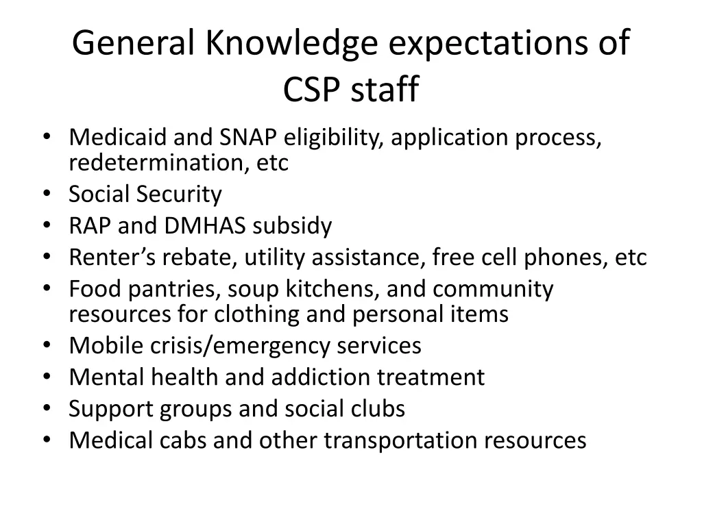 general knowledge expectations of csp staff