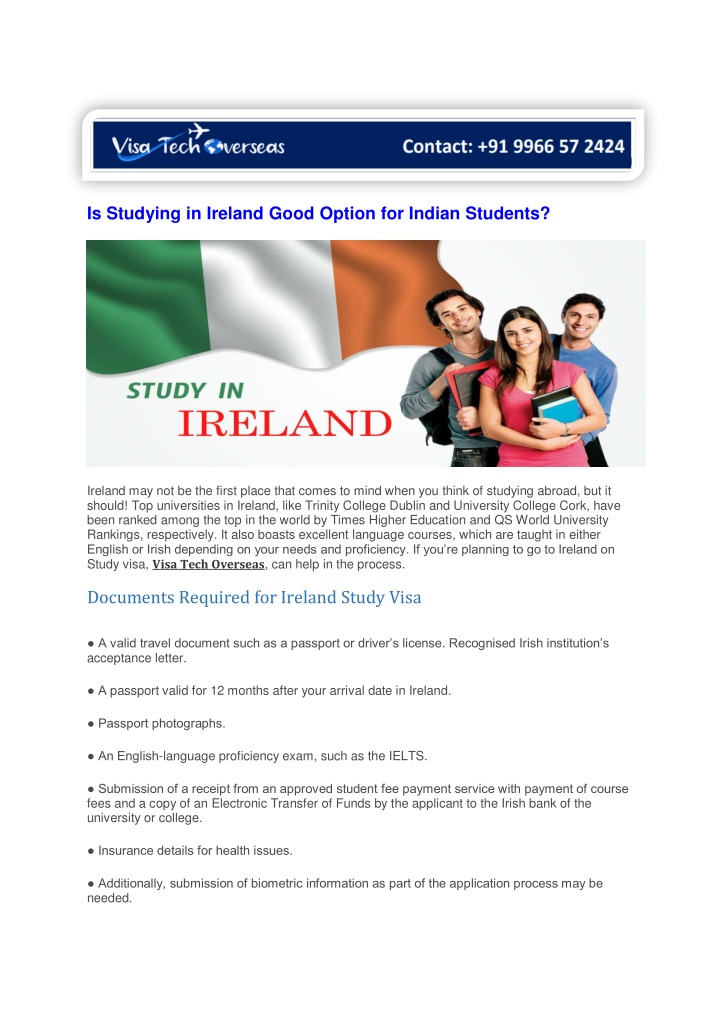 is studying in ireland good option for indian