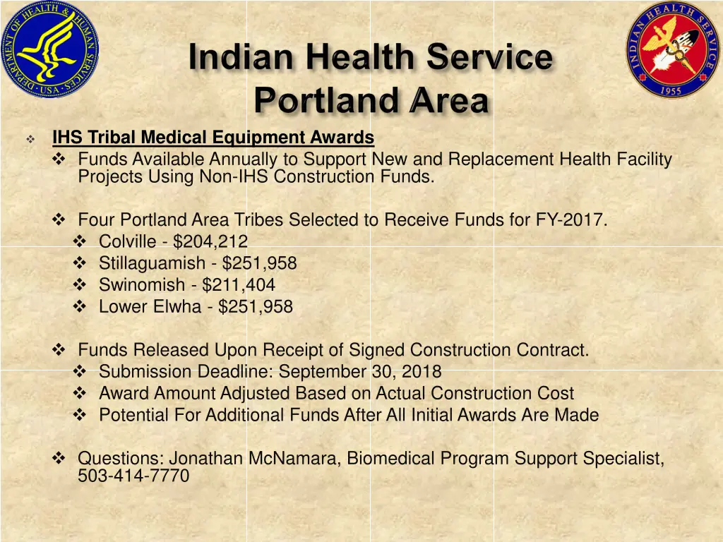 ihs tribal medical equipment awards funds
