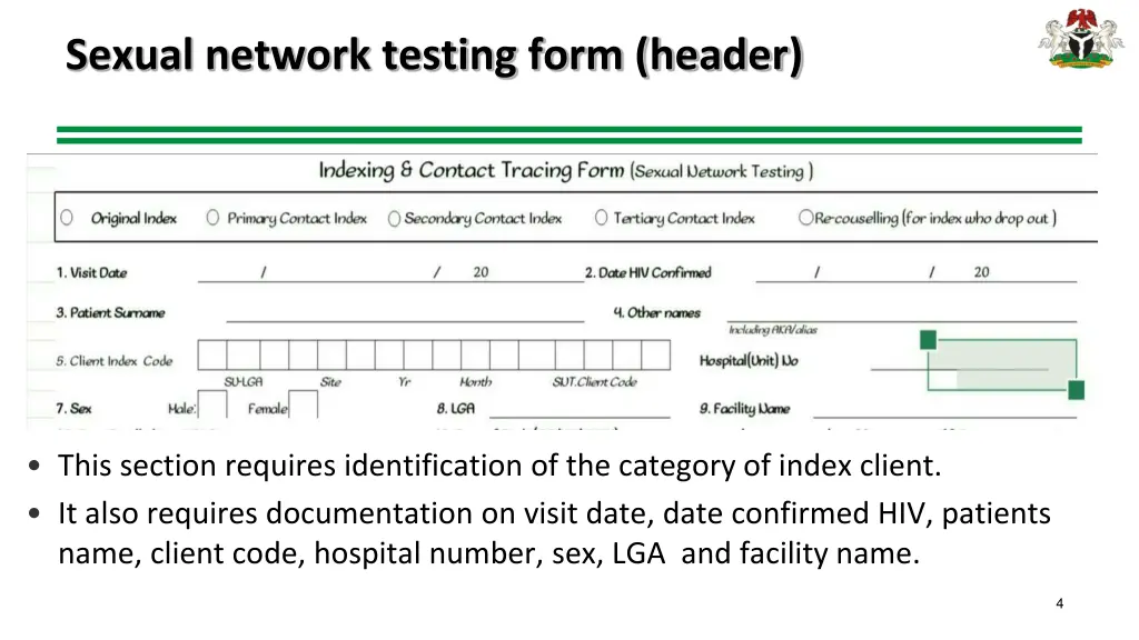 sexual network testing form header