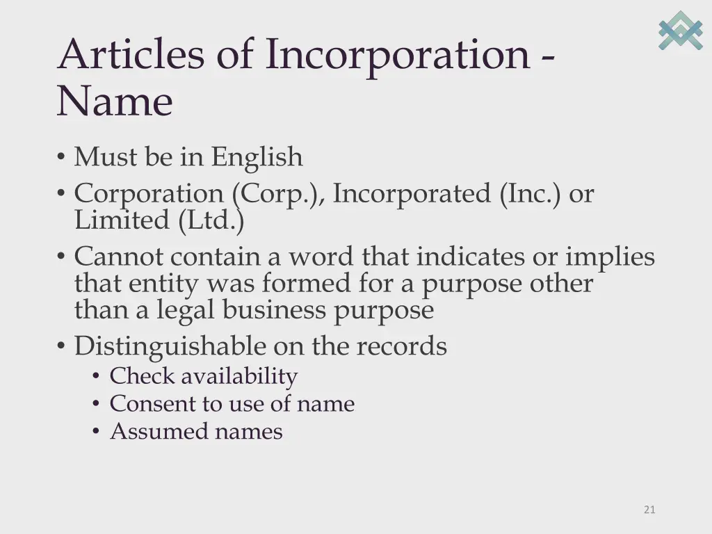 articles of incorporation name must be in english